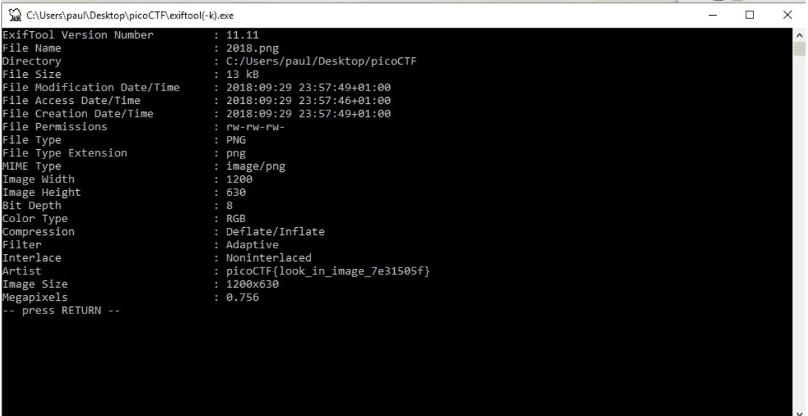 image showing the output of exif tool