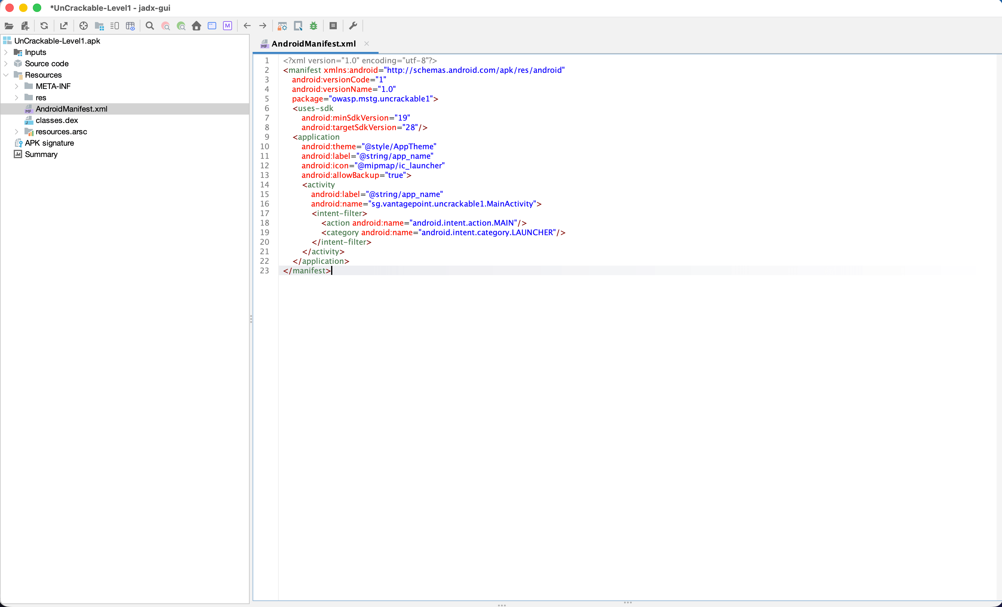 Android manifest showing the UnCrackable Level 1 launcher activity